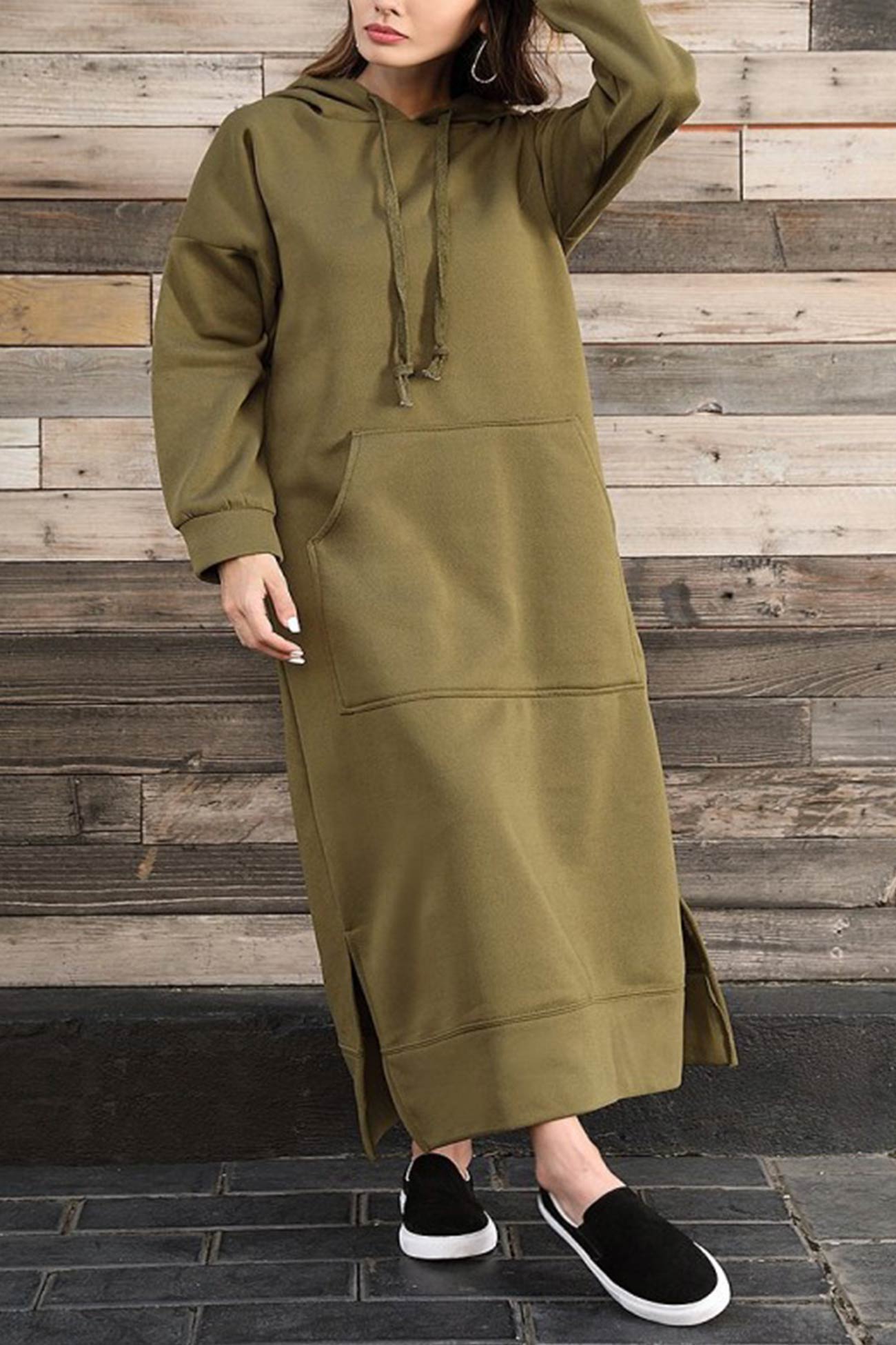 TastyHottie - Solid Pocketed Slit Hem Hoodie Dress