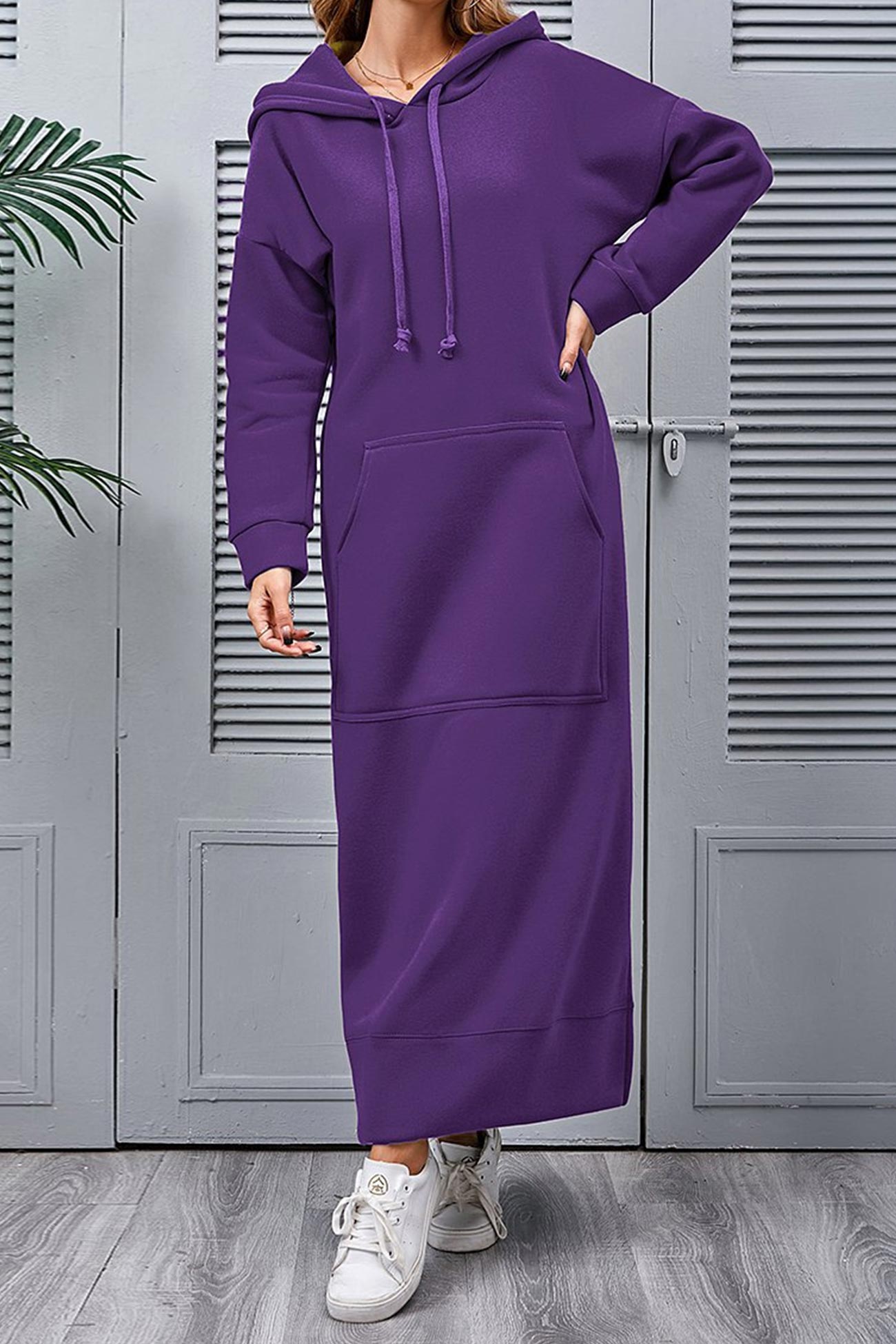 TastyHottie - Solid Pocketed Slit Hem Hoodie Dress