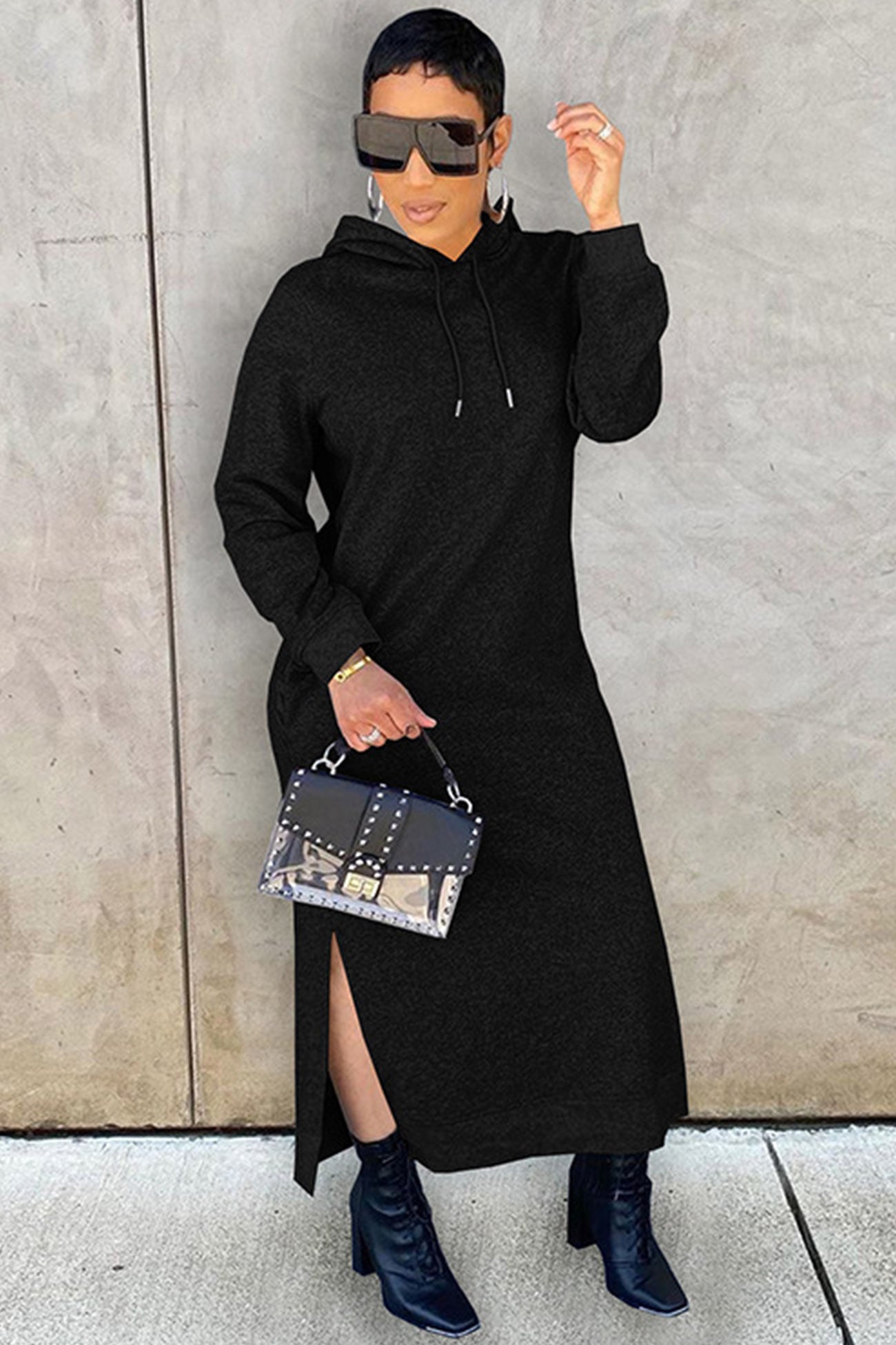 TastyHottie - Solid Slit Hem Hoodie Dress