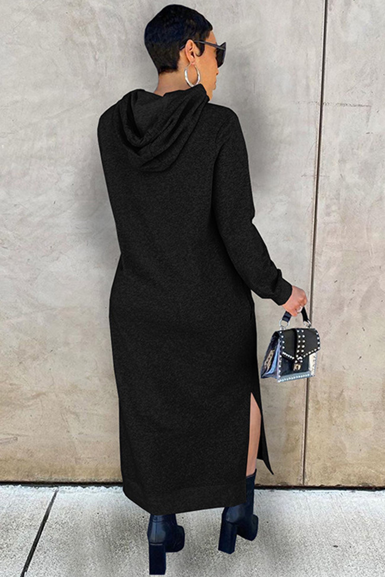 TastyHottie - Solid Slit Hem Hoodie Dress