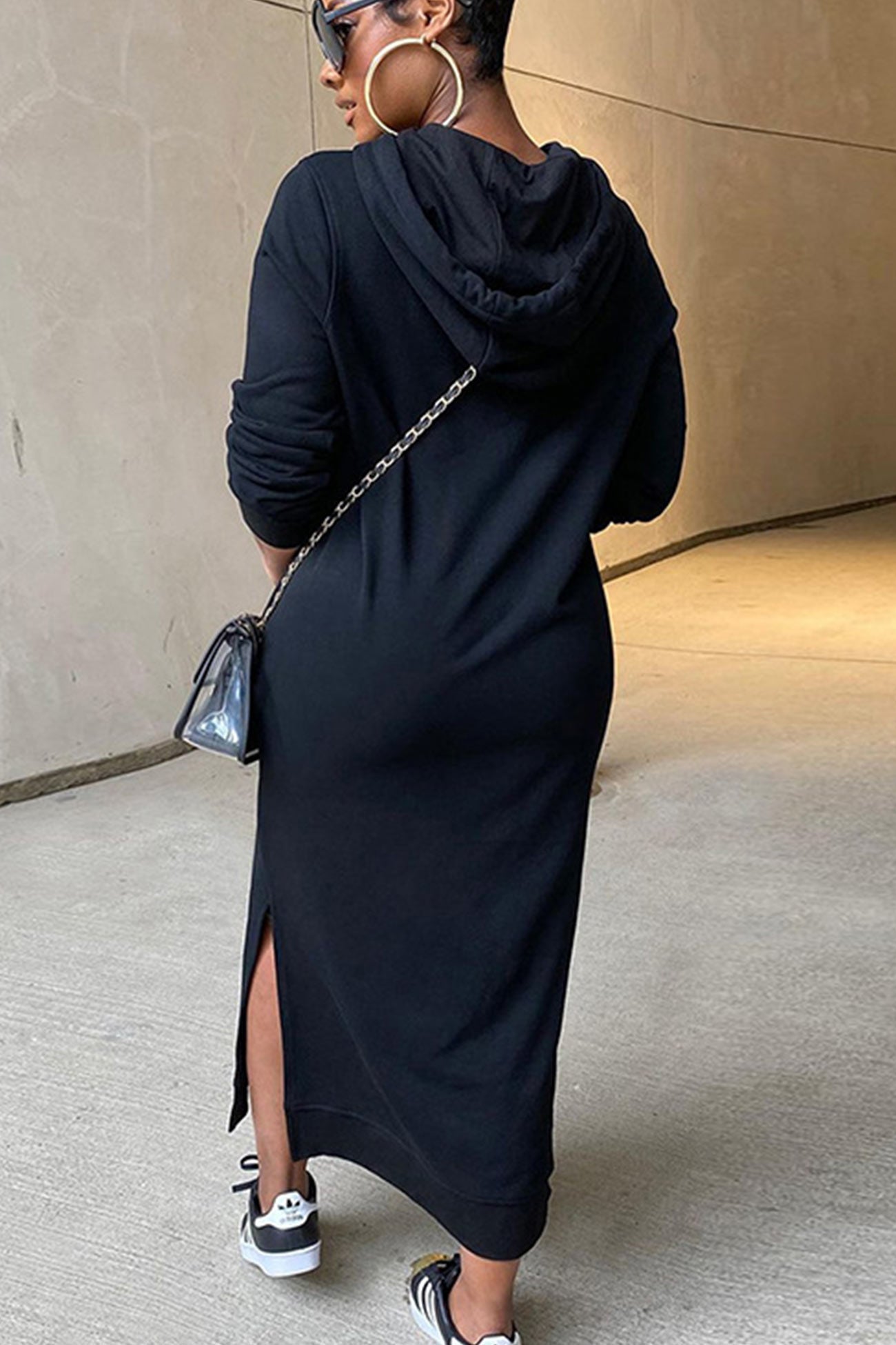 TastyHottie - Solid Slit Hem Hoodie Dress