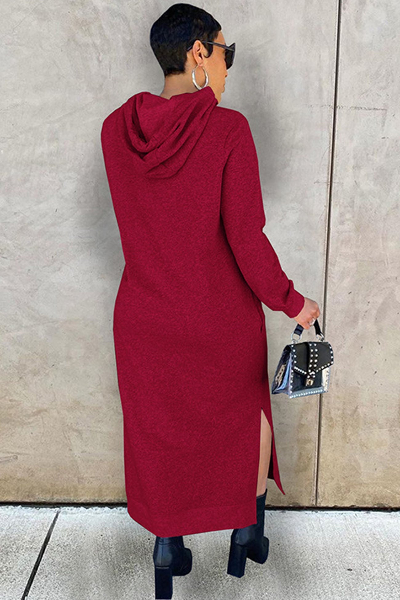 TastyHottie - Solid Slit Hem Hoodie Dress