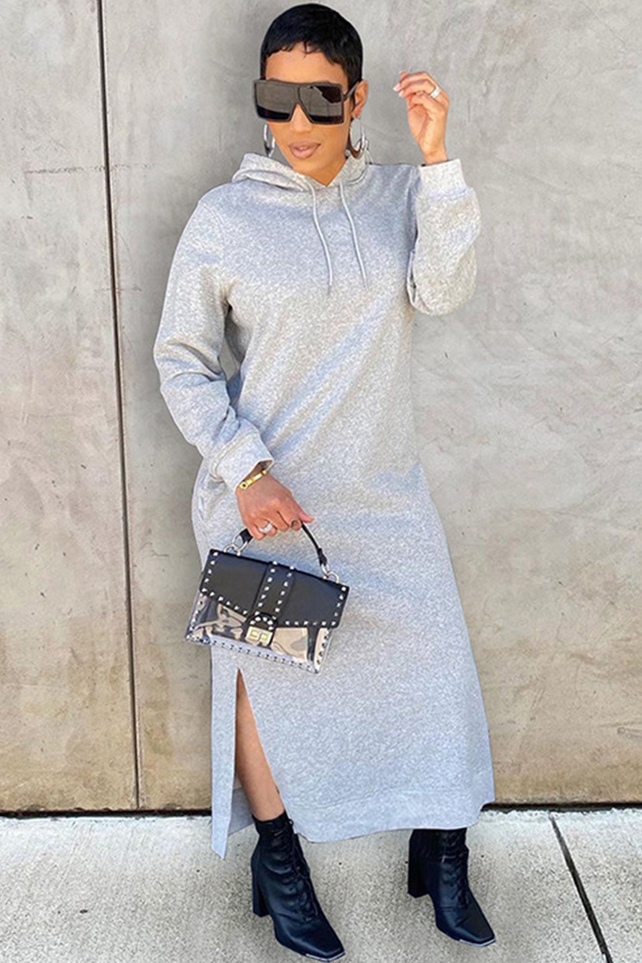 TastyHottie - Solid Slit Hem Hoodie Dress