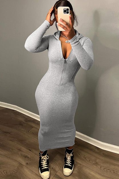 TastyHottie - Solid Zipper Hoodie Dress