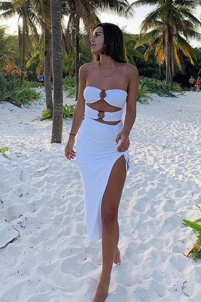 TastyHottie - Strapless Cutout Drawstring Side Slit Dress