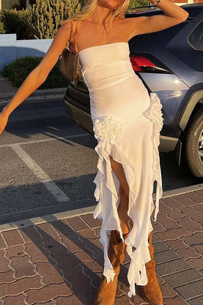 TastyHottie - Strapless Fringe Split Midi Dress