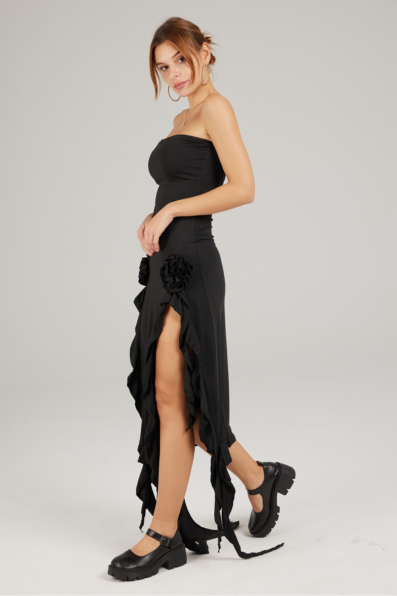 TastyHottie - Strapless Fringe Split Midi Dress