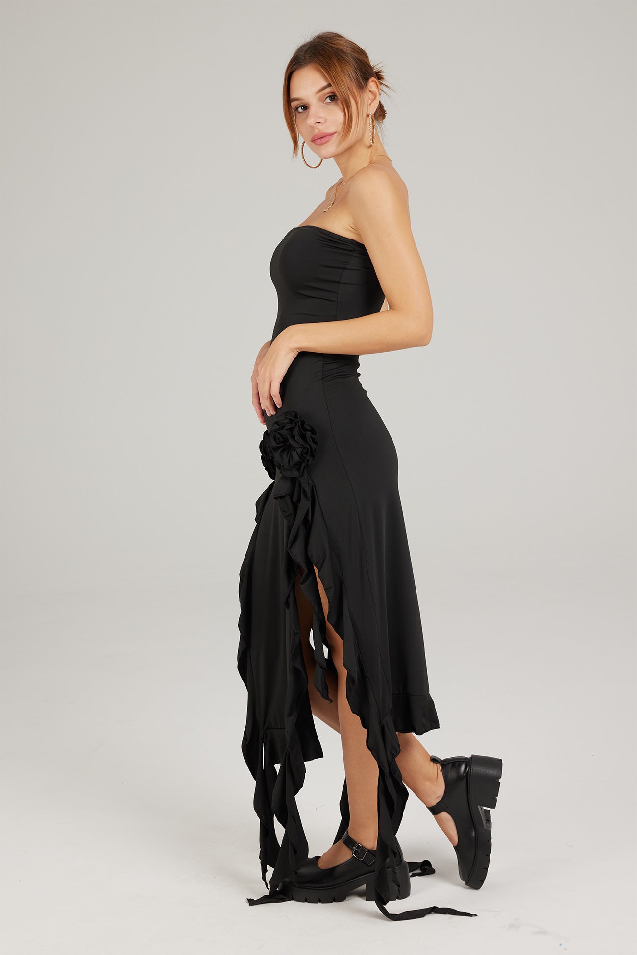 TastyHottie - Strapless Fringe Split Midi Dress