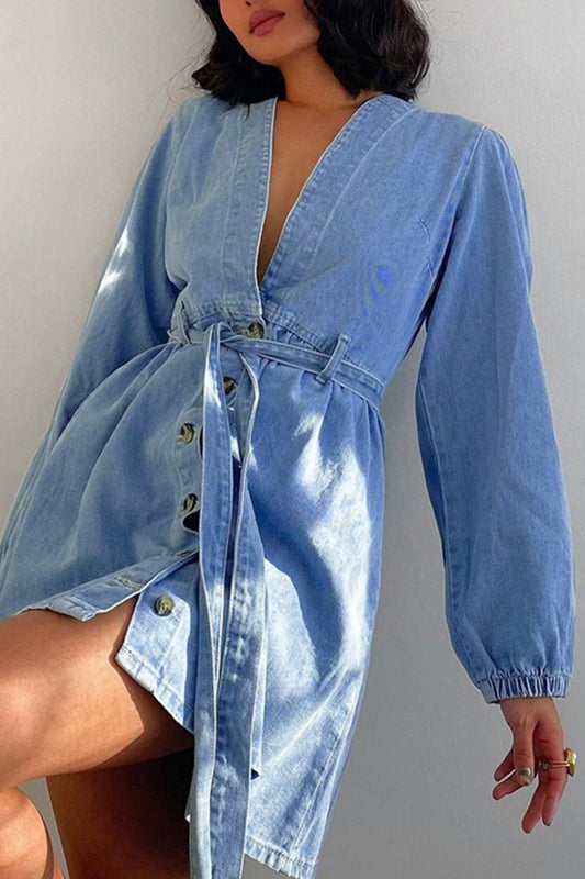 TastyHottie - V Neck Button Front Lace Up Denim Dress