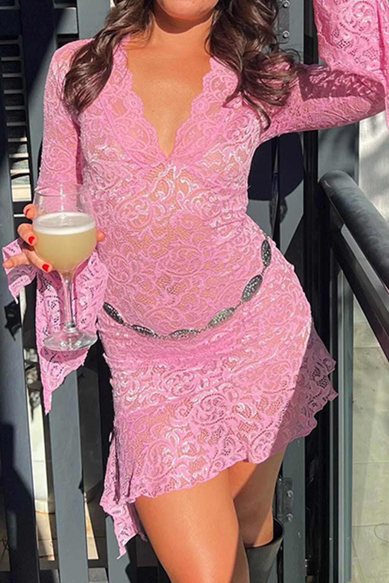 TastyHottie - V Neck Flares Sleeve Full Lace Dress