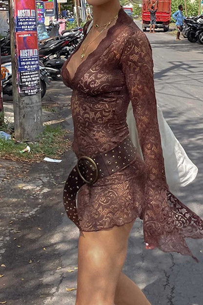 TastyHottie - V Neck Flares Sleeve Full Lace Dress