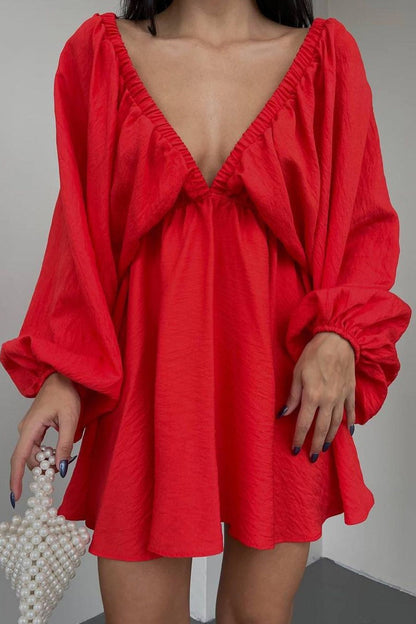 TastyHottie - V Neck Puff Sleeve Ruched Dress