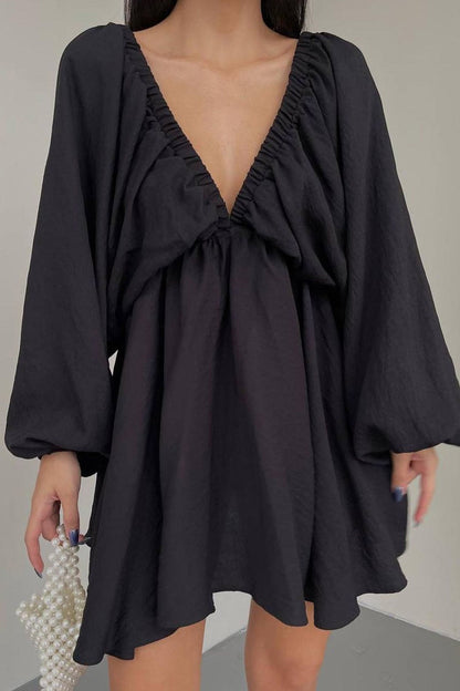 TastyHottie - V Neck Puff Sleeve Ruched Dress