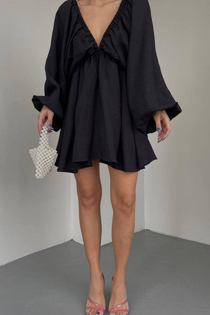 TastyHottie - V Neck Puff Sleeve Ruched Dress