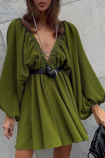 TastyHottie - V Neck Puff Sleeve Ruched Dress