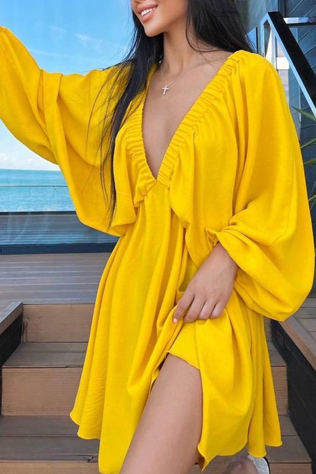 TastyHottie - V Neck Puff Sleeve Ruched Dress