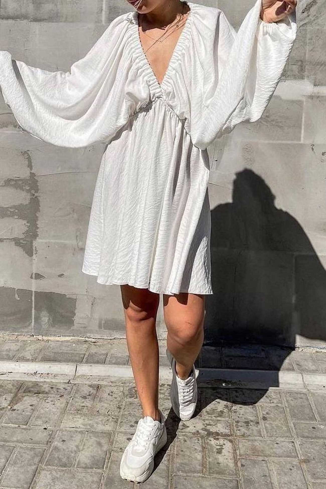 TastyHottie - V Neck Puff Sleeve Ruched Dress