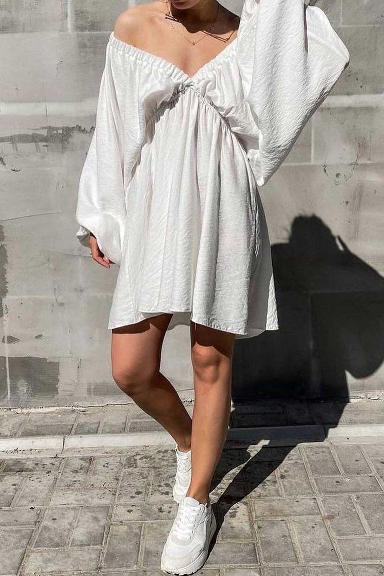 TastyHottie - V Neck Puff Sleeve Ruched Dress