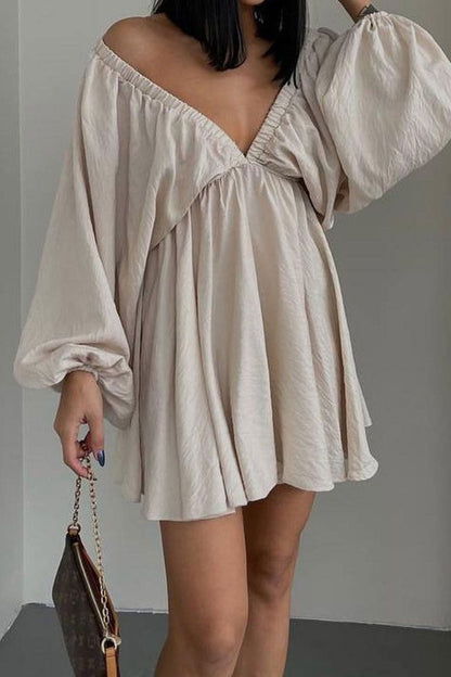 TastyHottie - V Neck Puff Sleeve Ruched Dress