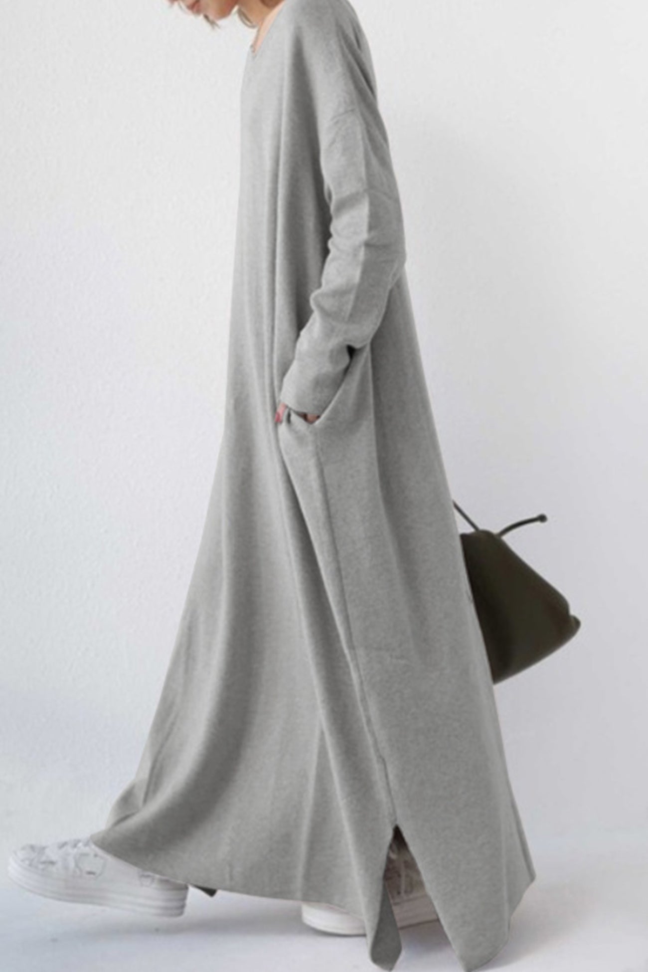 TastyHottie - V Neck Slit Hem Sweatshirt Dress