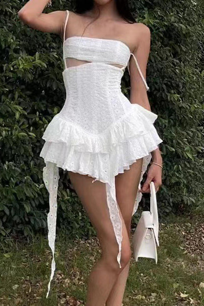 TastyHottie - White Jacquard Cutout Ruffle Dress