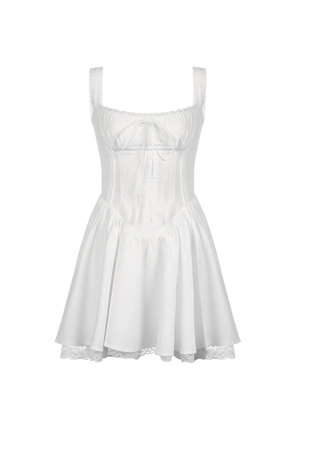 TastyHottie - White Lace Stitching Strappy Ruched Cami Dress