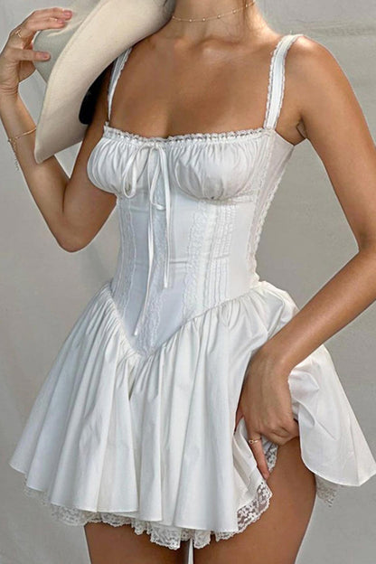 TastyHottie - White Lace Stitching Strappy Ruched Cami Dress