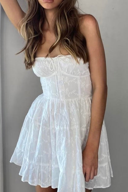 TastyHottie - White Lace Tie-up Strapless Tiered Dress