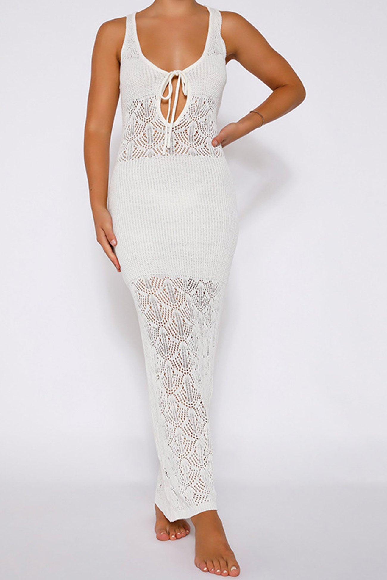 TastyHottie - White Tie-back Crochet Hollow Out Tank Dress