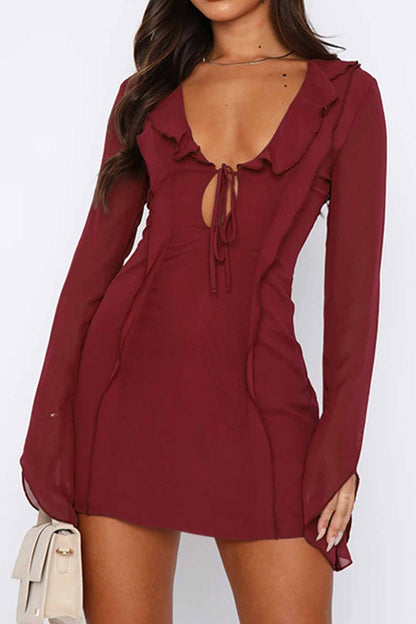 TastyHottie - Ruffled Long Sleeved Lace Up Mini Dress