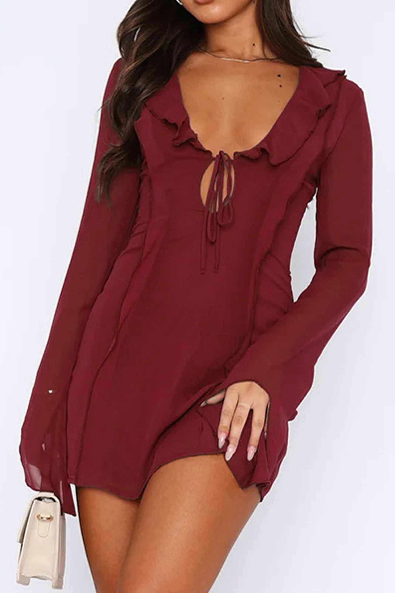 TastyHottie - Ruffled Long Sleeved Lace Up Mini Dress