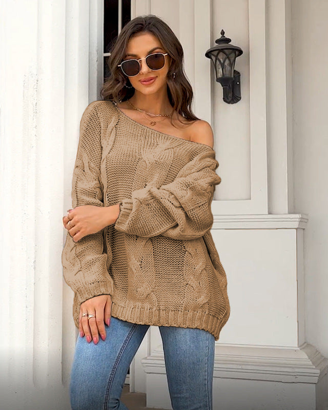 Women's loose knitted sweaters European and American round neck fashionable pullover sweaters Khaki clothes sweater sweaters top Tops