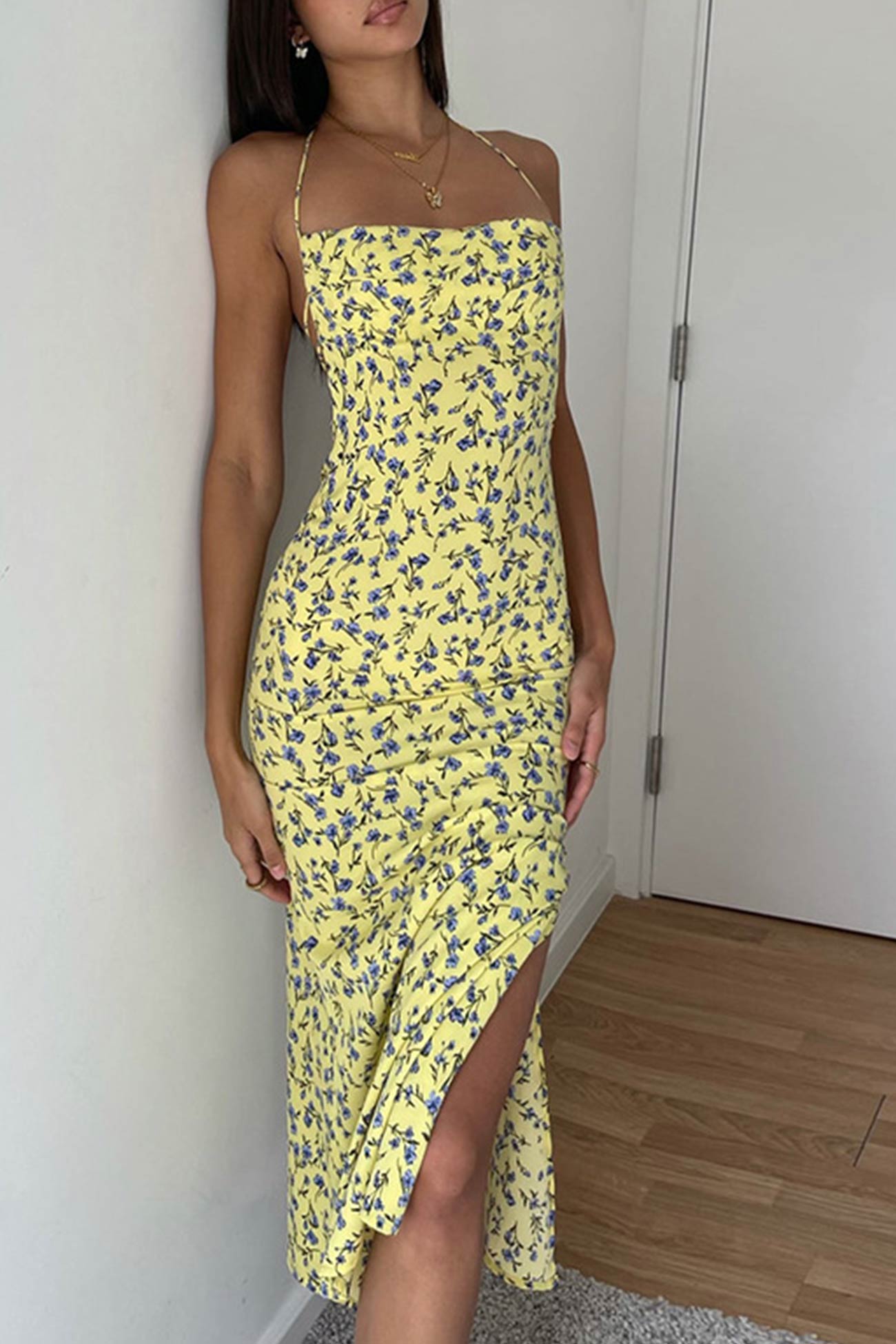 TastyHottie - Yellow Floral Print Tie-back Slit Dress