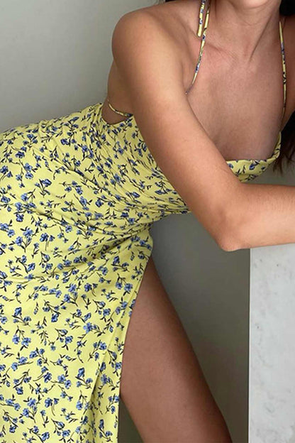 TastyHottie - Yellow Floral Print Tie-back Slit Dress