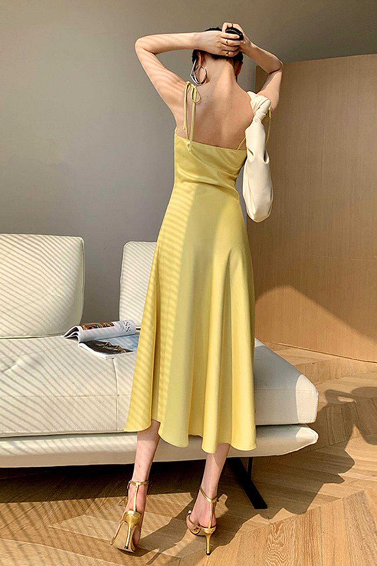 TastyHottie - Yellow Satin Ruched Cami Dress