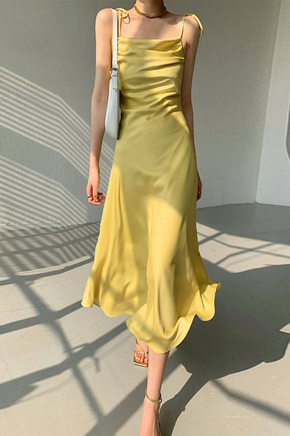 TastyHottie - Yellow Satin Ruched Cami Dress