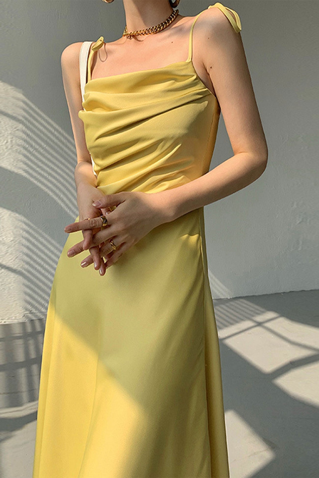 TastyHottie - Yellow Satin Ruched Cami Dress