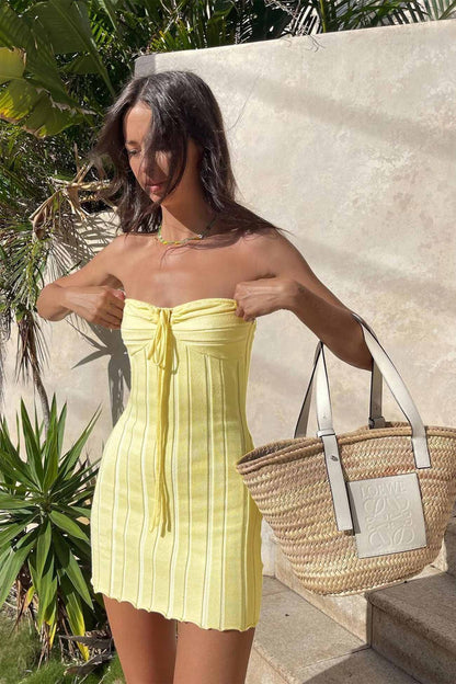 TastyHottie - Yellow Strapless Lace Up Knitted Dress