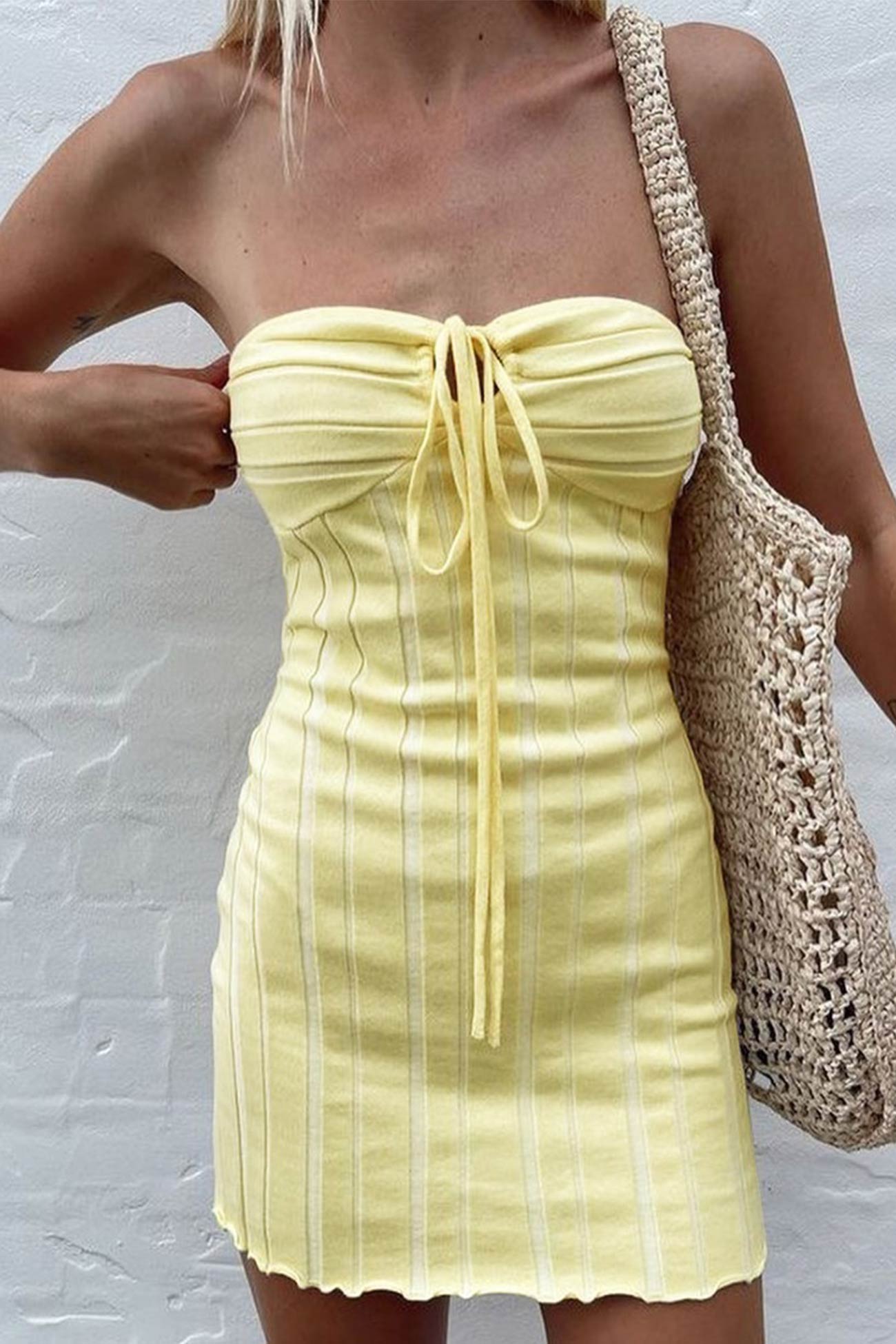 TastyHottie - Yellow Strapless Lace Up Knitted Dress