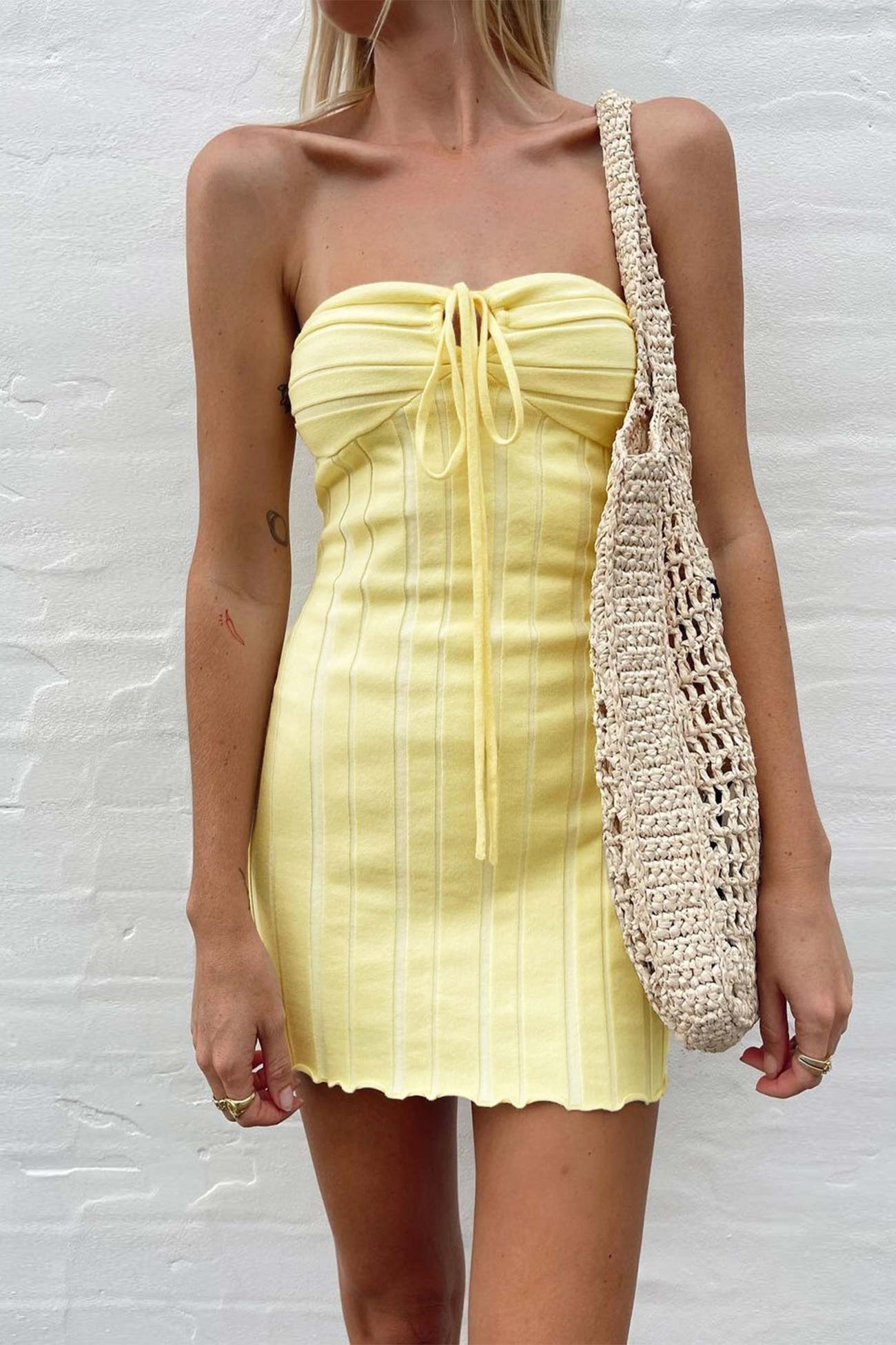 TastyHottie - Yellow Strapless Lace Up Knitted Dress