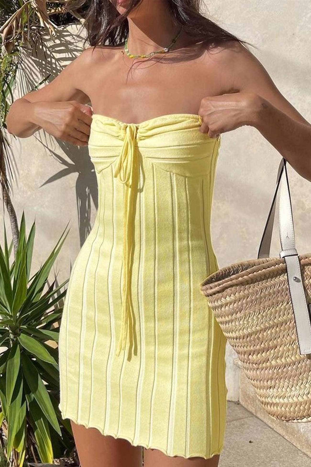 TastyHottie - Yellow Strapless Lace Up Knitted Dress