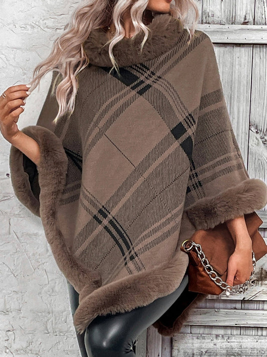 Plaid Faux Fur Trim Fashion Poncho Sweater Taupe clothes Ship From Overseas Shipping Delay 09/30/2023 - 10/03/2023 Sounded Sweater sweaters