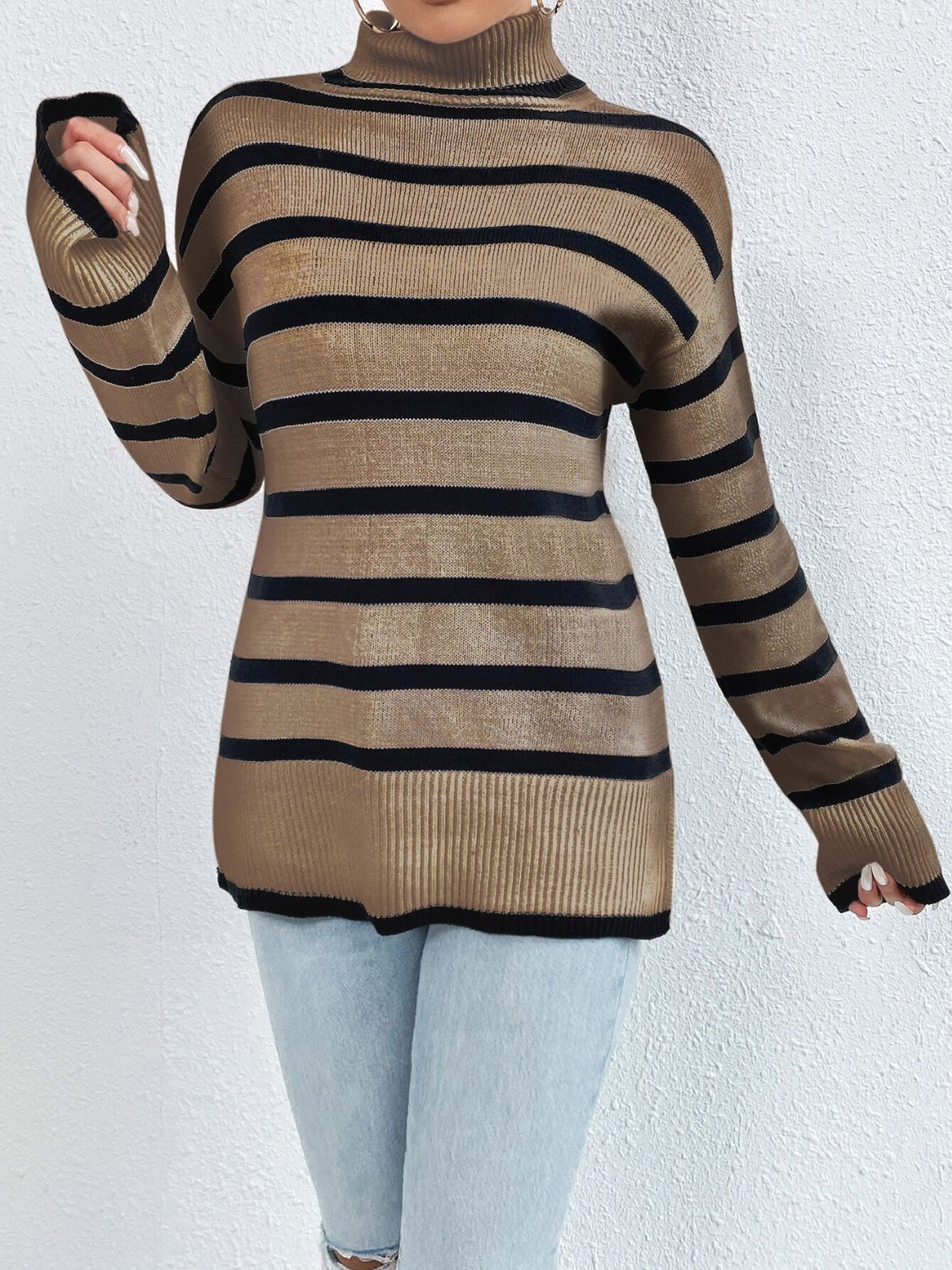 TastyHottie - Striped Turtleneck Drop Shoulder Sweater