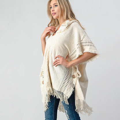 TastyHottie - Fringed Crochet Buttoned Hooded Throw Over Poncho