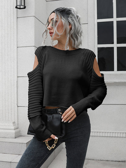 Cold-Shoulder Ribbed Trim Sweater Black B&S clothes Color Green olive green top Ship From Overseas Shipping Delay 09/29/2023 - 10/01/2023 sweater trendsi