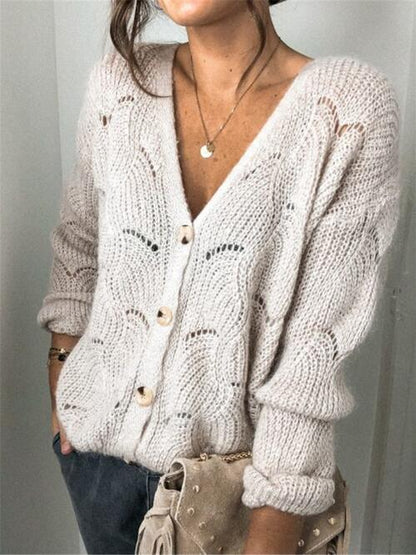 Openwork Button Up Long Sleeve Cardigan Beige A@Y@M cardigan cardigans clothes Ship From Overseas sweater sweaters Sweatshirt