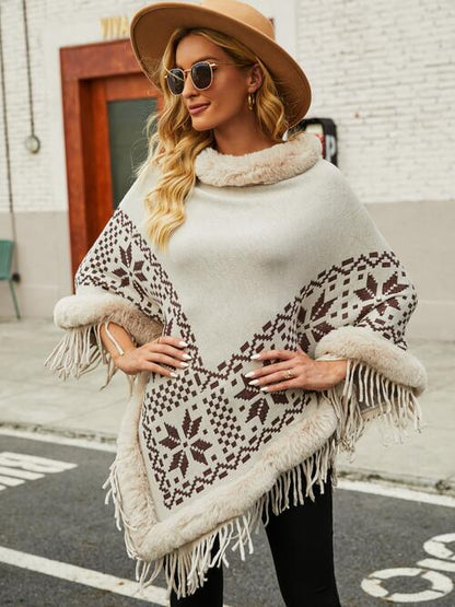 Fringe Geometric Cape Sleeve Poncho Ivory One Size christmas sweater clothes Drizzle poncho Ship From Overseas Sweater sweaters