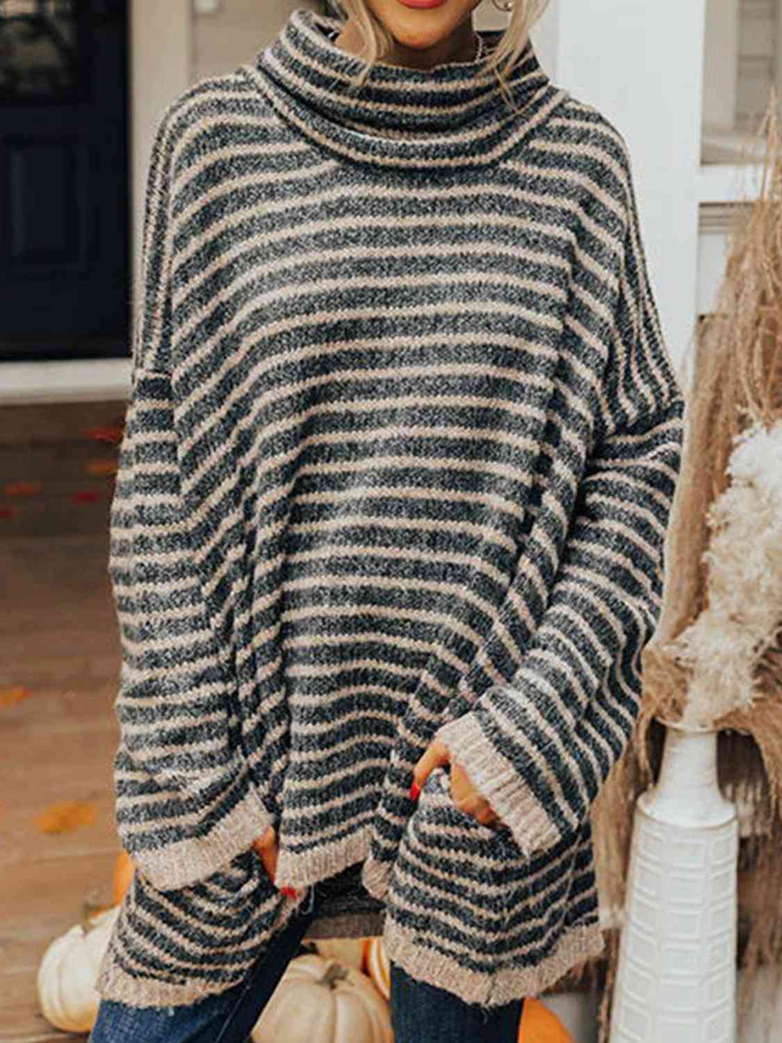 Striped Turtleneck Sweater with Pockets Black A@Y@M clothes Ship From Overseas Shipping Delay 09/29/2023 - 10/04/2023 sweater sweaters