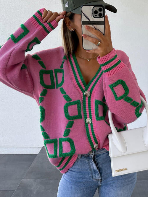 TastyHottie - Geometric Dropped Shoulder Button Down Sweater Cardigan