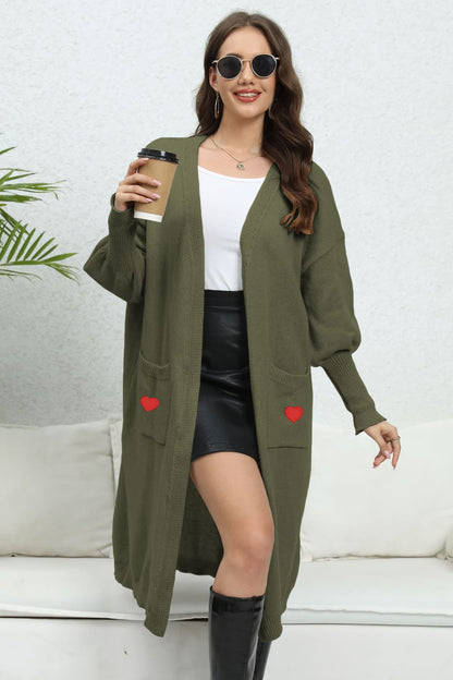 Lantern Sleeve Open Front Pocketed Cardigan with hearts Army Green One Size cardigan cardigans clothes O & Y.M Ship From Overseas Sweater sweaters trend